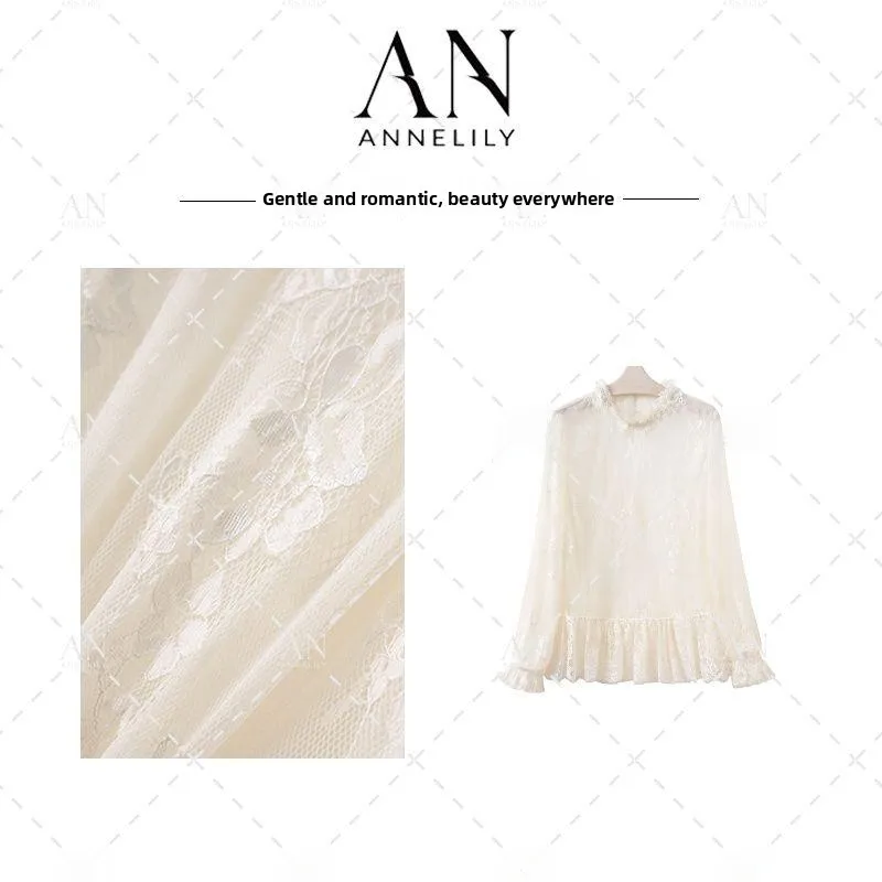 

Annelily Ele Lace Base irt Versatile Faionable Autumn New Sle Breathable Polyester Long Sve round Ne Women's S...