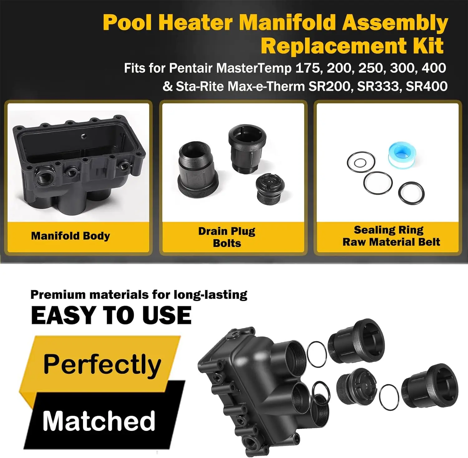 Pool Heater Manifold Assembly Replacement Kit for Pentair MasterTemp 175, 200, 250, 300, 400 & Sta-Rite Max-e-Therm SR200, SR333