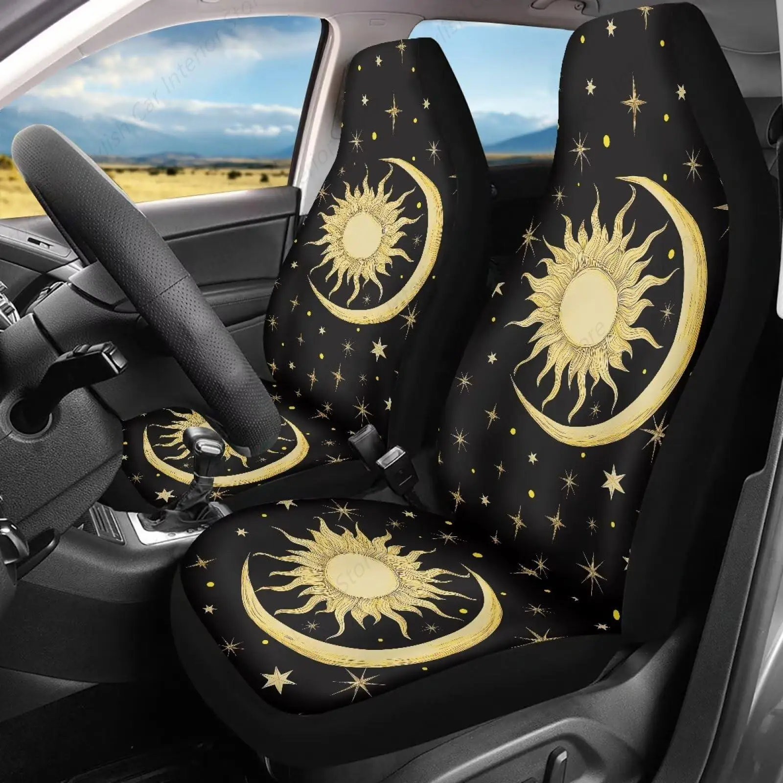 Sun Moon Print Car Seat Covers Front Only for Women Heavy Duty Auto Accessories Decoration 2 Piece for Auto Truck Van SUV