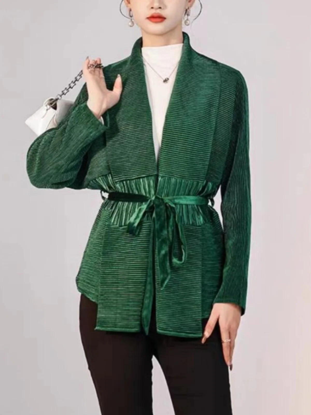 

Элегантный женский кардиган-жакет свободного кроя с поясом, плиссированный, в стиле «летучая мышь», для повседневной носки, из полиэстера