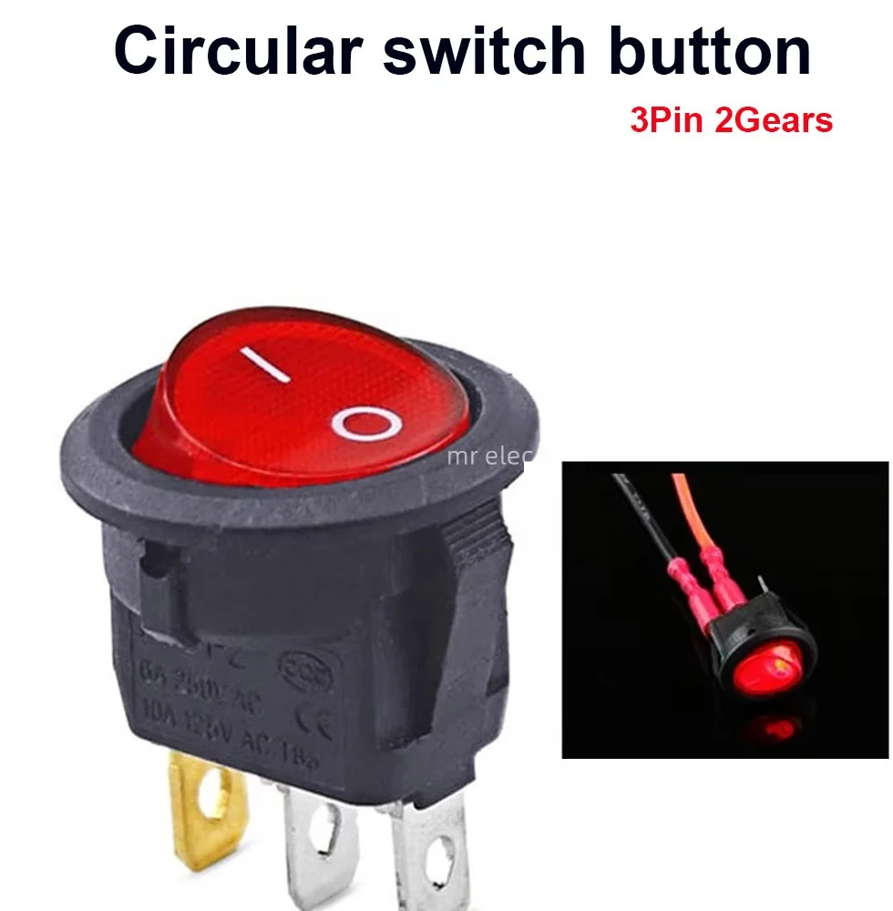 10PCS Round switch button3pin 2gear red black ship switch KCD1-105 small power switch 20MM 15MM