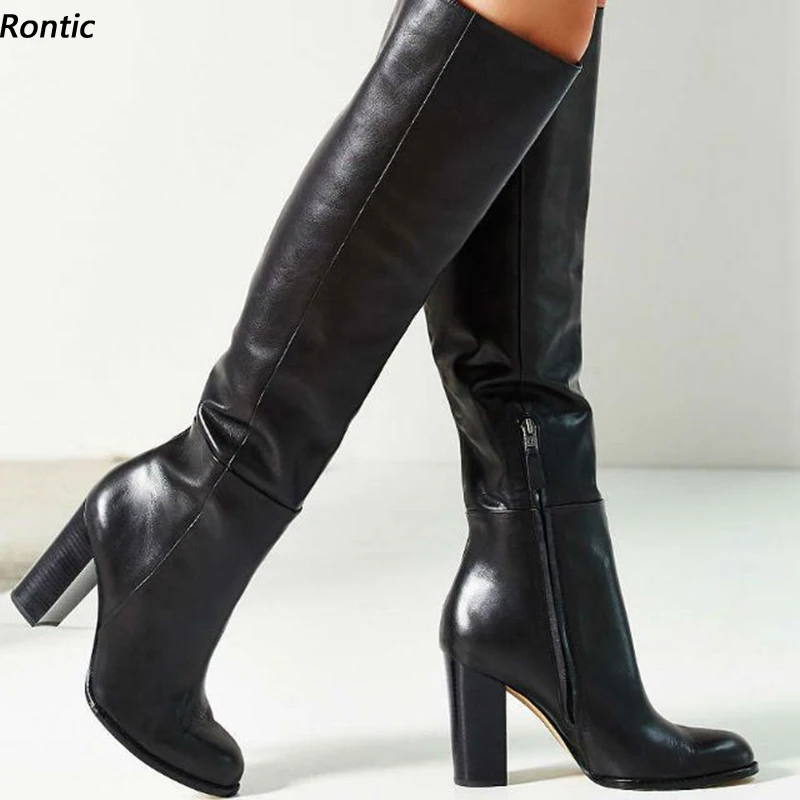 

Rontic женские зимние сапоги ручной работы из искусственной кожи с боковой молнией на массивном каблуке с круглым носком, элегантные черные модельные туфли, размер США 5-20