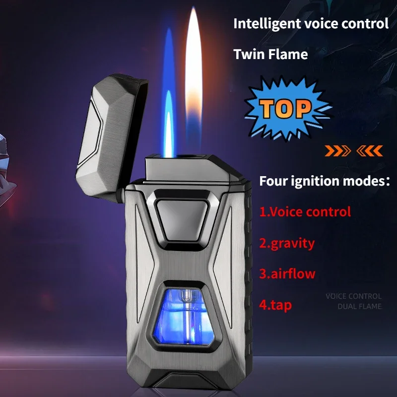 

High-tech Voice Ignition Lighter Double Flame Electric Ignition Windproof Inflatable Lighter Cigarette Accessories Men's Gift