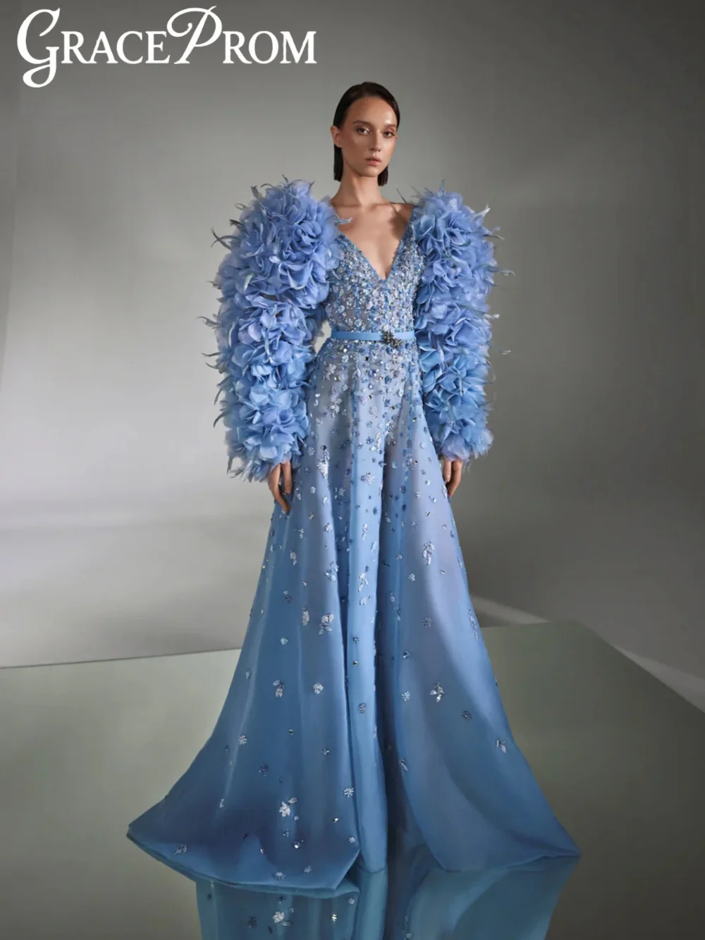 

Blue 3D Floral Beaded A-line Evening Dress With Feathers Floor-length Elegant Formal Party Gown Customized Chic Red Carpet Gown