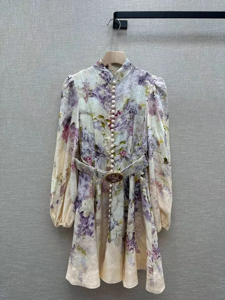 

New High Quality Floral Linen Mini Women Dress Long Sleeve Linen Dress with Belt Designer Chic European Banquet Dress