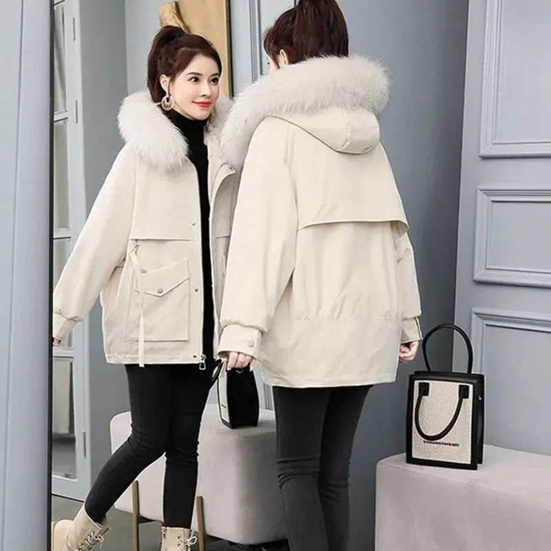 Oversized Women\'s Thicken Parker Cotton Jacket 2024 Winter New Wool lining Jackets Women Fur collar Hooded Coat Warm Overcoat