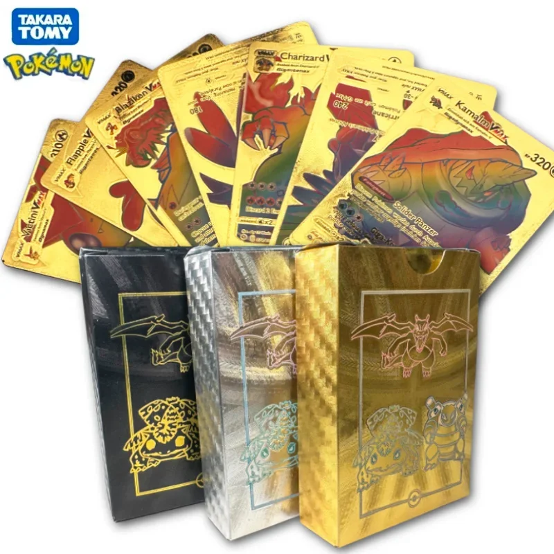 Pokemon Gold Foil Card English French German Spanish Vmax GX Gold Black Silver Colorful Rainbow Kids Battle Cards Birthday Gifts