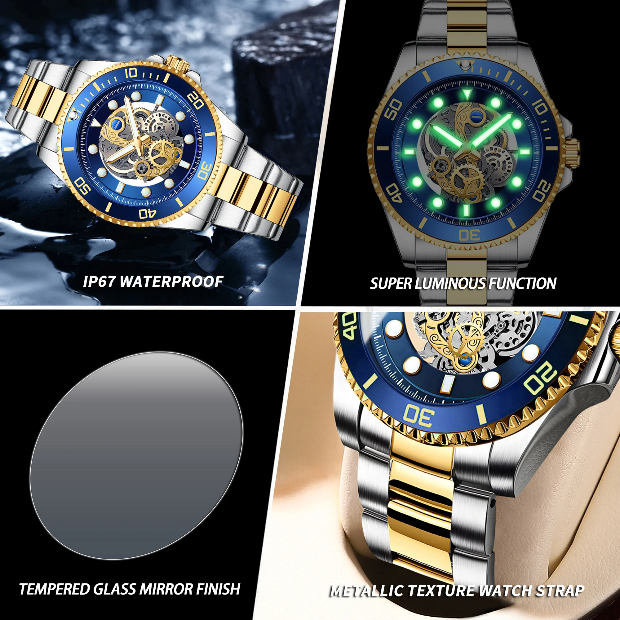 BINBOND Skeleton Waterproof Men's Watches Reloj Hombre Stainless Steel Quartz Wristwatches For Men Luxury Luminous Man Watch view 6