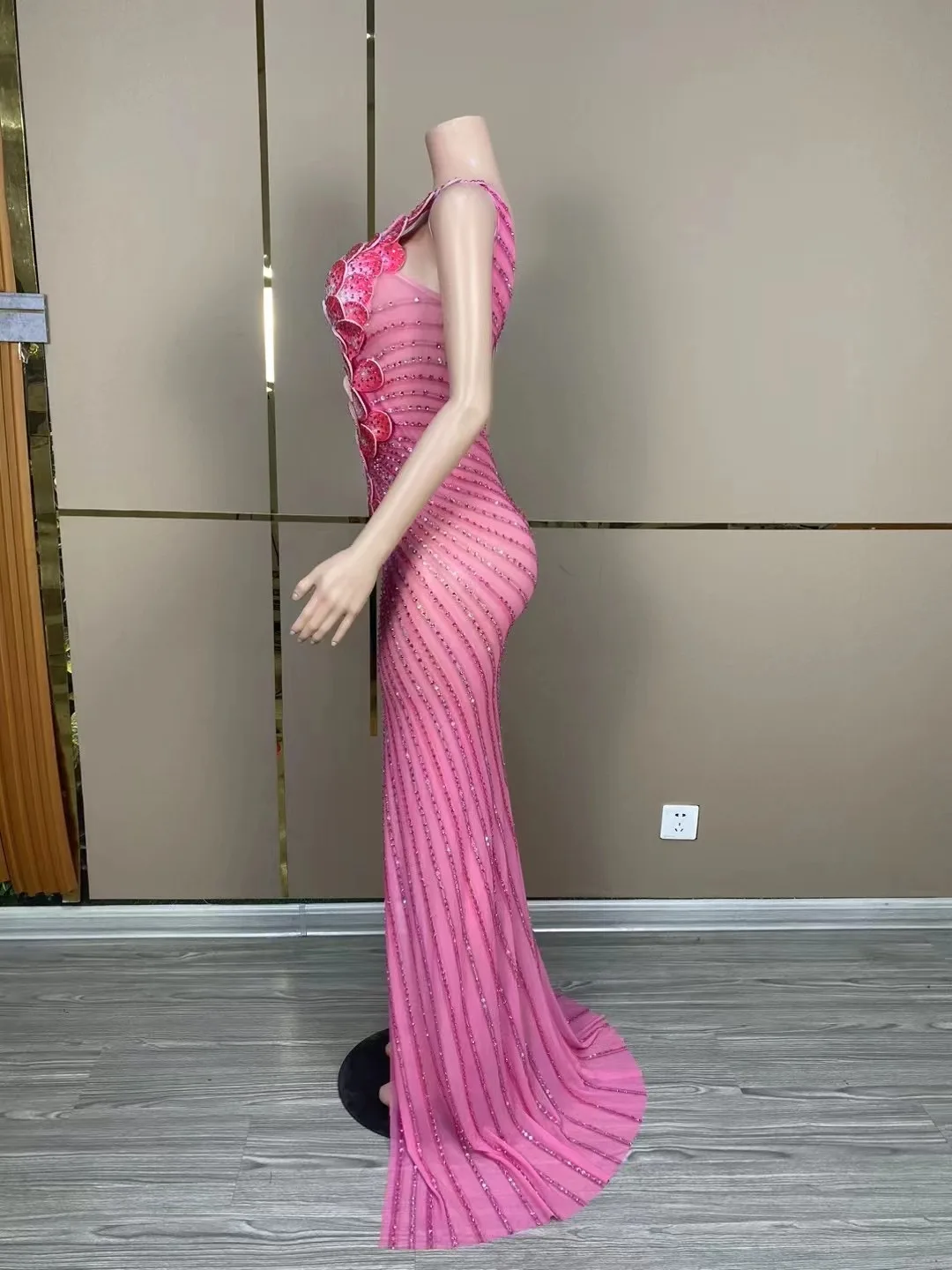 Sexy Pink Rhinetones Flowers Sleeveless Dress Birthday Evening Celebrate Costume Dance Birthday Party Evening Photoshoot Dress