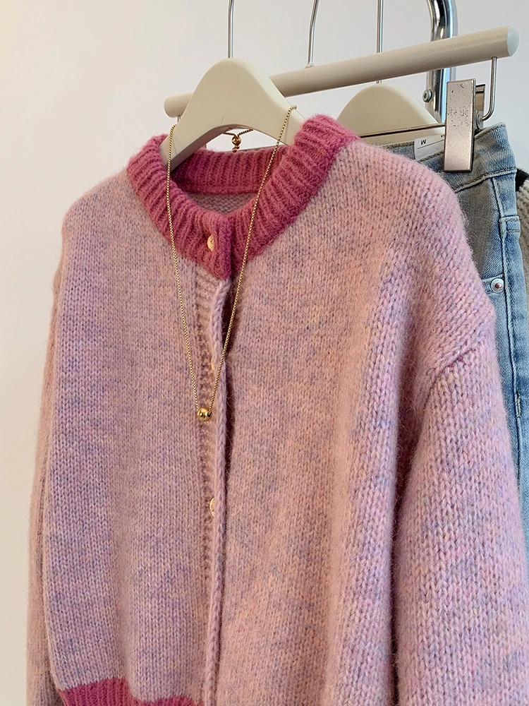 Korean Sweet Sweater Cardigan Women Fashion Elegant Long Sleeve Knitted Tops Casual O-Neck Single Breasted Short Coat