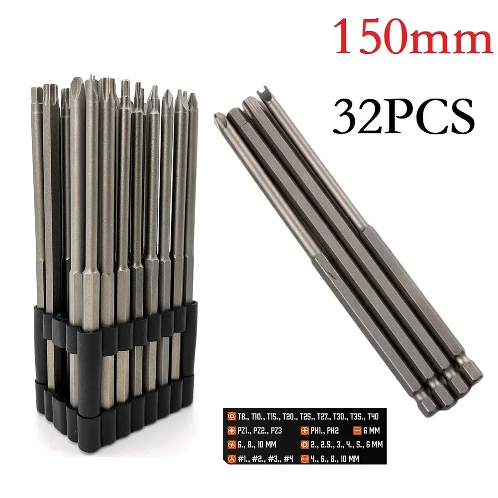 32pc 150mm chave de fenda bits longo torx à prova de violação chave de fenda broca universal 1/4 polegada hex haste ph1 ph2 pz1 pz2