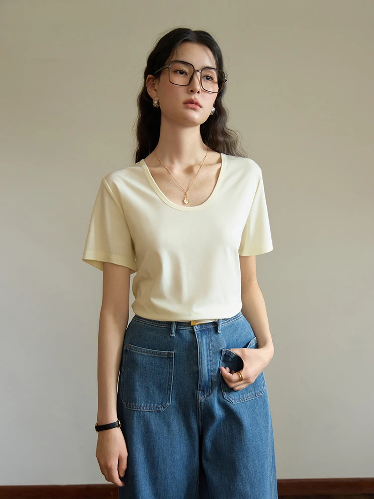 DUSHU Simple Solid U-neck T-shirt For Women Summer 2024  Front Shoulder Cool Women Black White Yellow Top 24DS82087