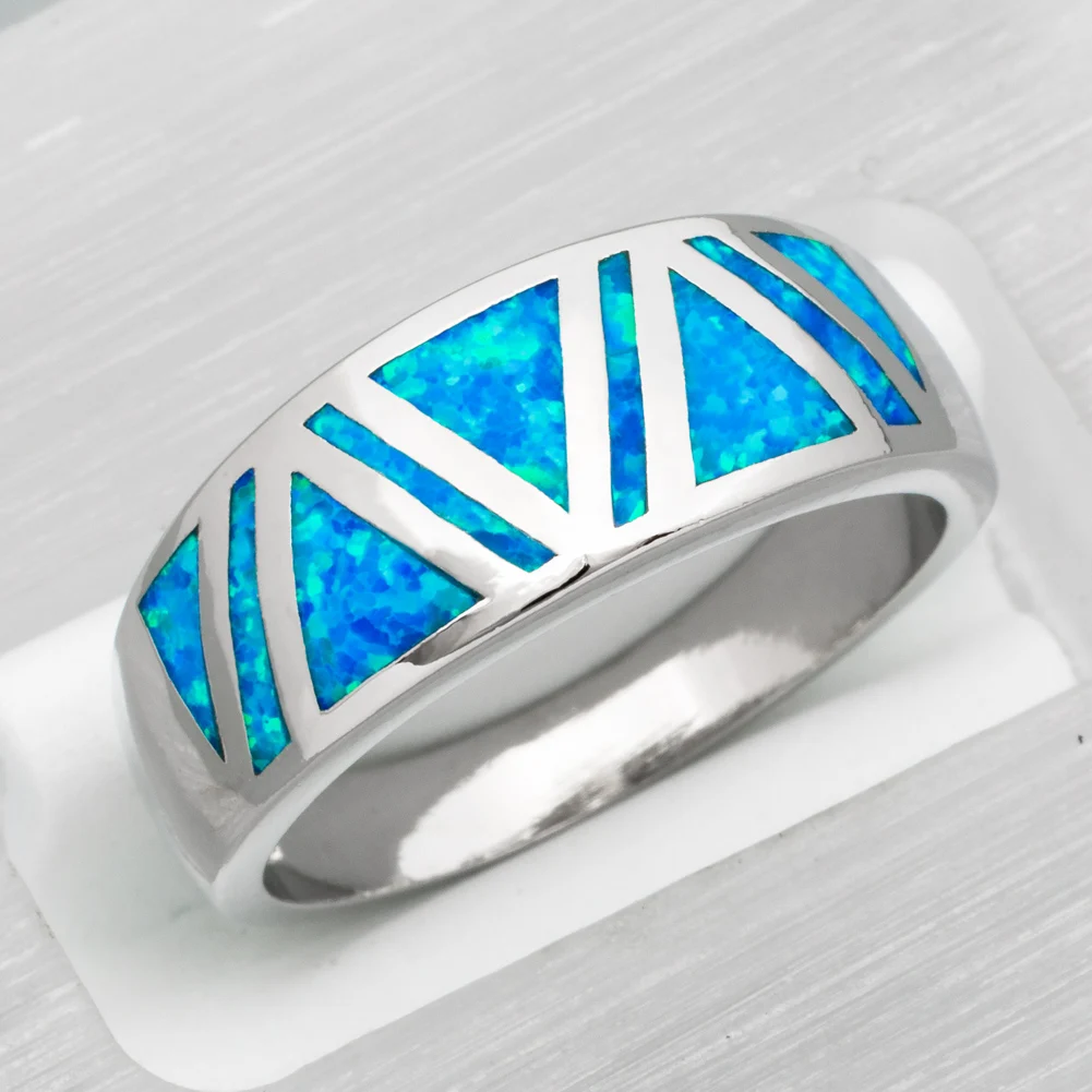 KONGMOON Ocean Blue Fire Opal Triangle Shaped Inlay Jewelry Women Band Ring Size 6 7 8 9 10