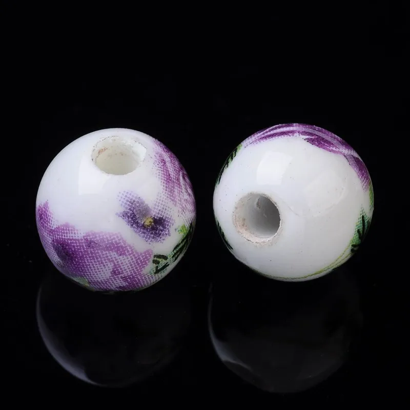 Floral Printed Porcelain Beads Flower Patterned Ceramic Beads Round Orchid 8mm Hole: 2mm