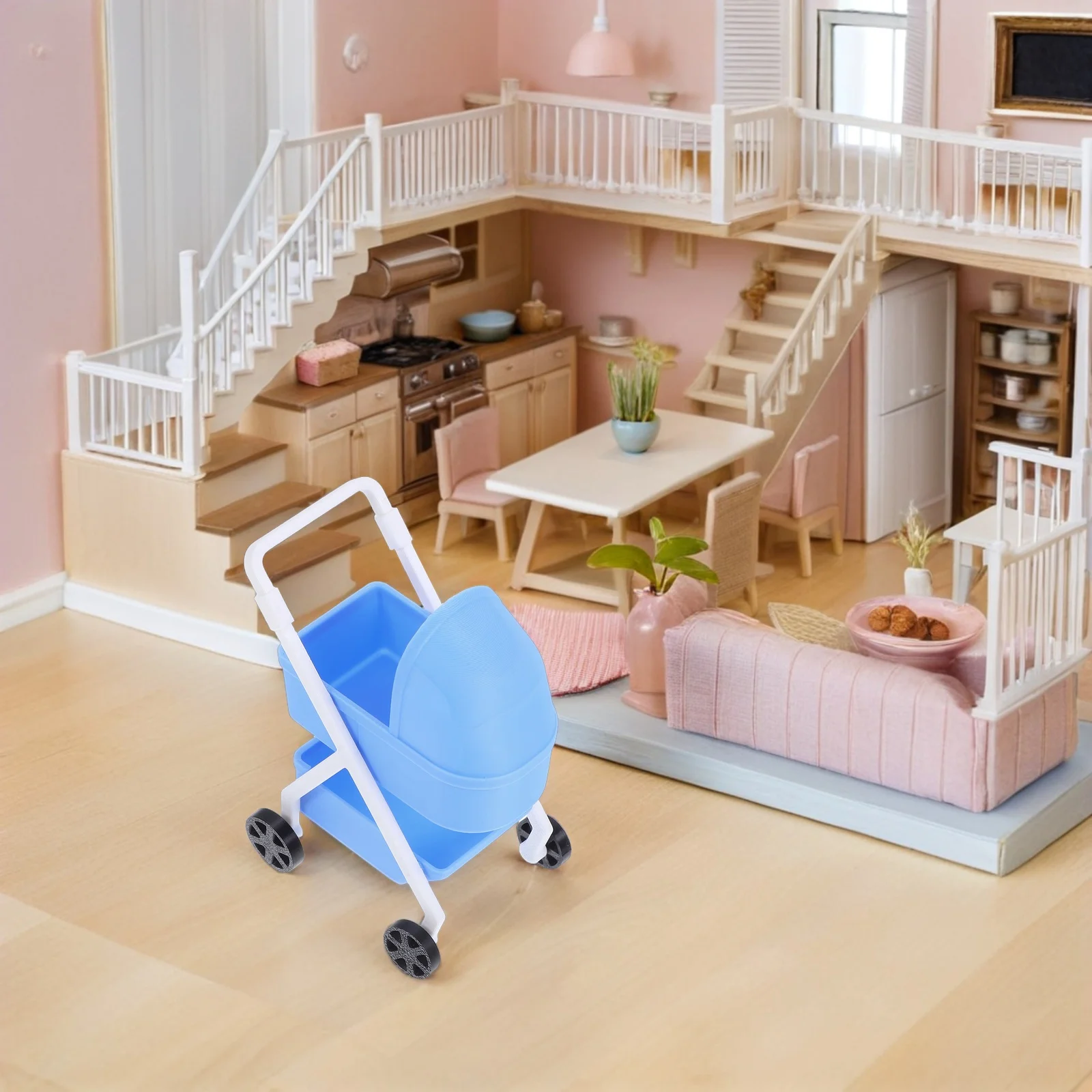 

1:12 Scale Realistic Dollhouse Stroller Miniature Pram No Assembly Required for Kids Pretend Play Decoration Dolly Pram