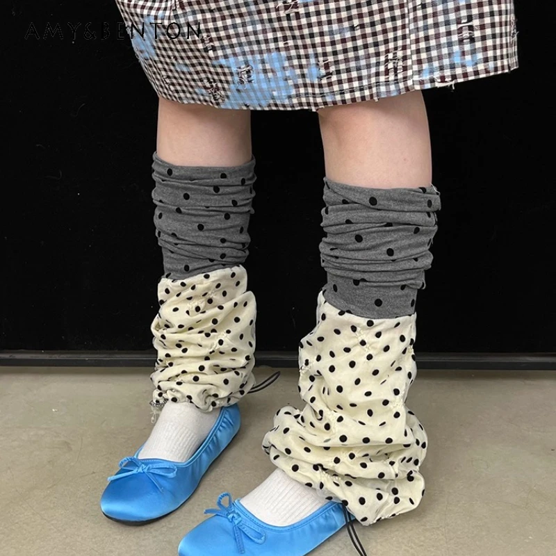 Original Design Polka Dot Splicing Chiffon Yarn Knitted Women's Socks Autumn New Versatile Drawstring Socks Leg Warmers Ladies