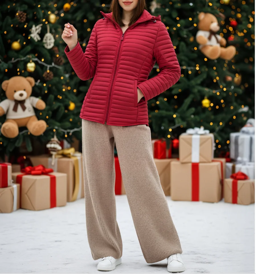 

Christmas Day New Year's Women's Long Cotton Jacket Windproof Hooded Zipper Lightweight Warm Loose Solid Color Coat