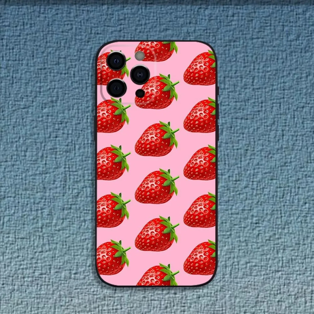 Red Strawberry Fruit Pattern Phone Case For iPhone 16,15,14,13,12,11,Pro,X,XS,Max,XR,Plus,Mini Soft Black Cover image 6