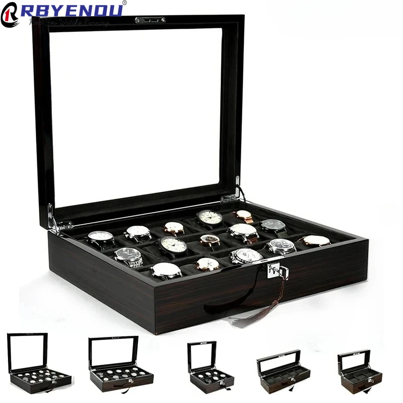 Custom Logo Ebony Bark Watch Display Lock Case 3 6 10 15 Slots Wooden Watch Box Piano Baking Varnish Watch Dustproof Box OEM
