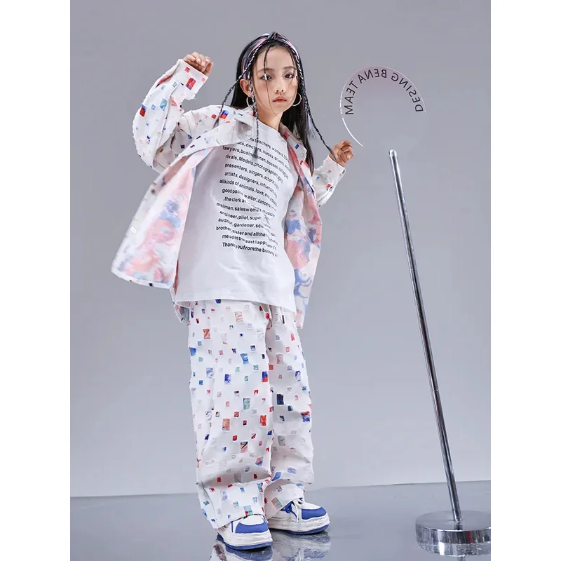 

COSda@Kids Kpop Hip Hop Clothing Starry Sky Print with Hole Suit Streetwear Top Cargo Pants for Girls Boys Jazz Dance Costume Cl