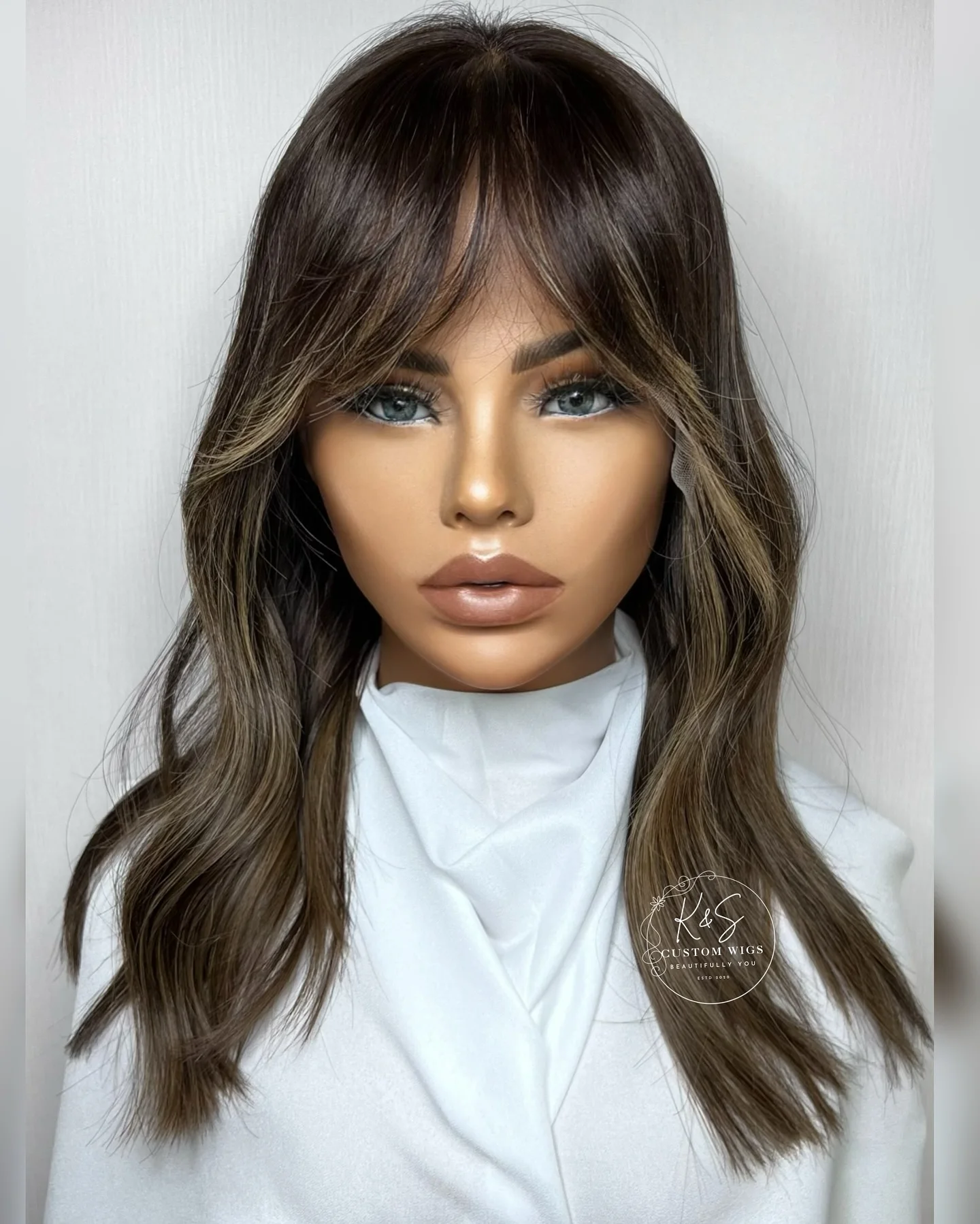 Premium Fiber Full Bang Wig Lace Front Brown Caramel Highlighted Synthetic Hair Heat Resistant Fringe Hair for Women Cospaly Wig