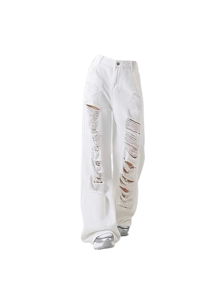 Women's White Baggy Ripped Jeans Vintage Cowboy Pants Harajuku