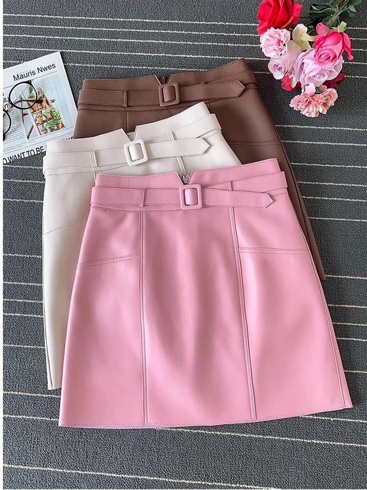 2024 Summer Fashion Casual Women Genuine Real Leather Midi Chic Skirt 3 Color for Female