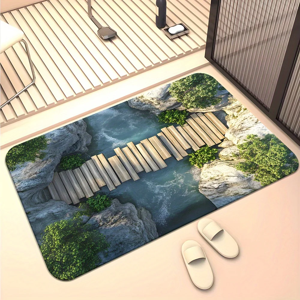 2D Flat Wooden Bridge Over Stream Rocks Greenery Nature Scenery Flannel Bath Mat Non Slip Zen Landscape Rug For Bathroom Floor