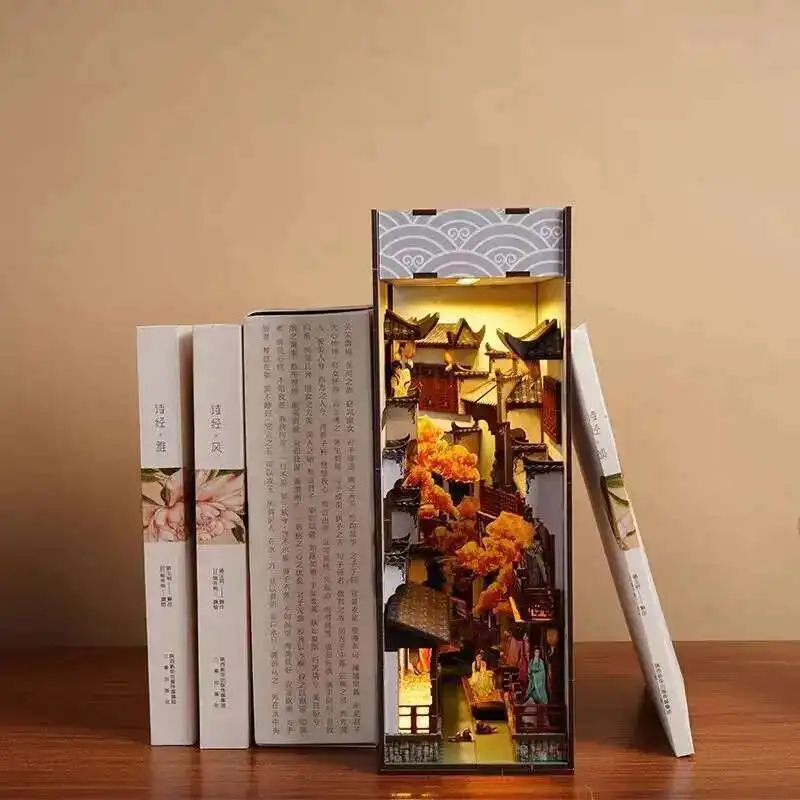 

DIY Book Nook Insert Shelf Kits Wooden Miniature Building Kit Jiang'nan Ancient Town Bookend Bookshelf Home Decoration Gifts