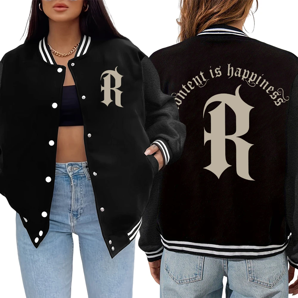 

Content Is Happiness Pattern Female Jacket Hip Hop Pocket Baseball Jersey Autumn American Top Casual Comfortable Women Clothes