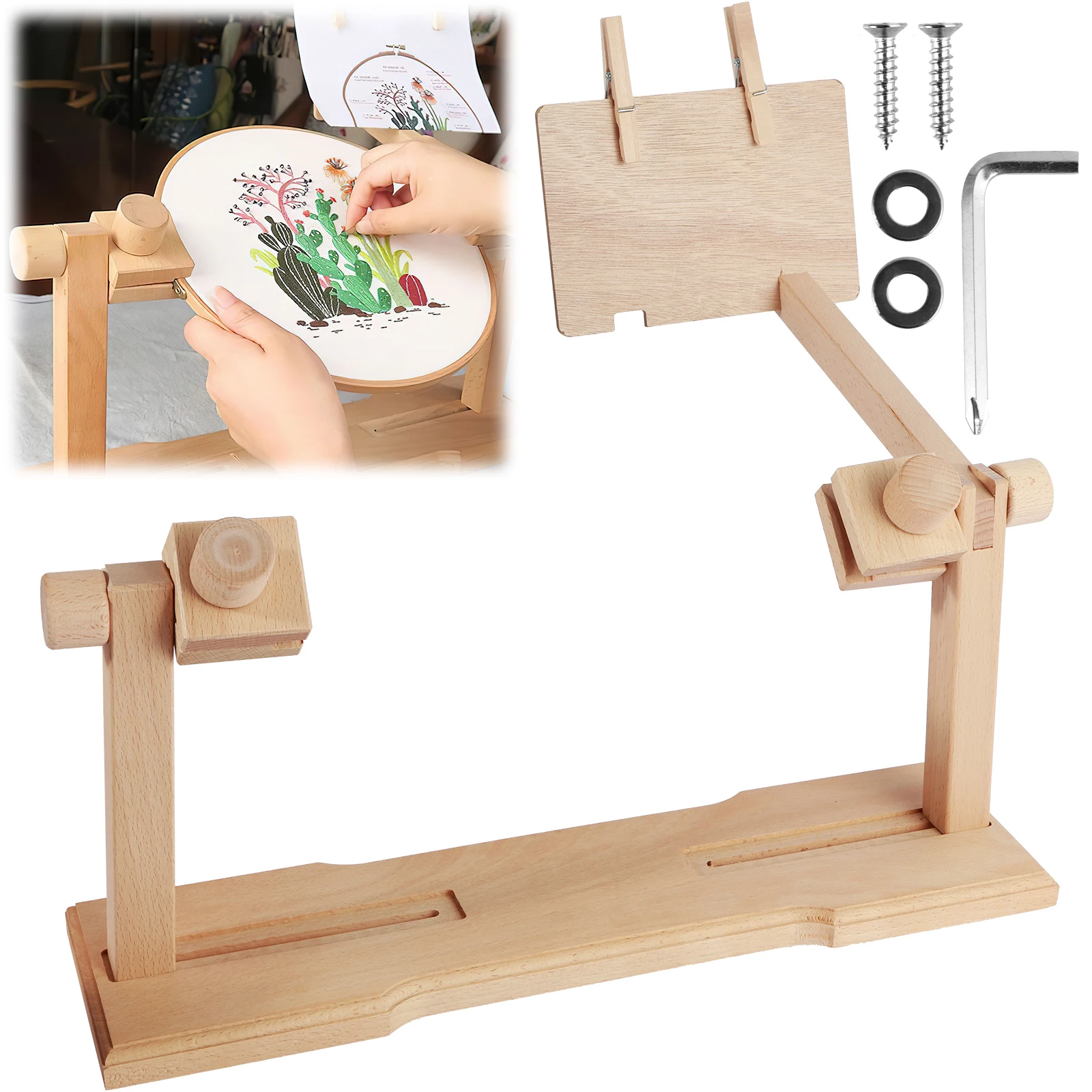

360° Rotation Adjustable Wooden Embroidery Hoop Stand Handmade Cross Stitch Lap Stand Embroidery Ring Frame Holder Craft Tools