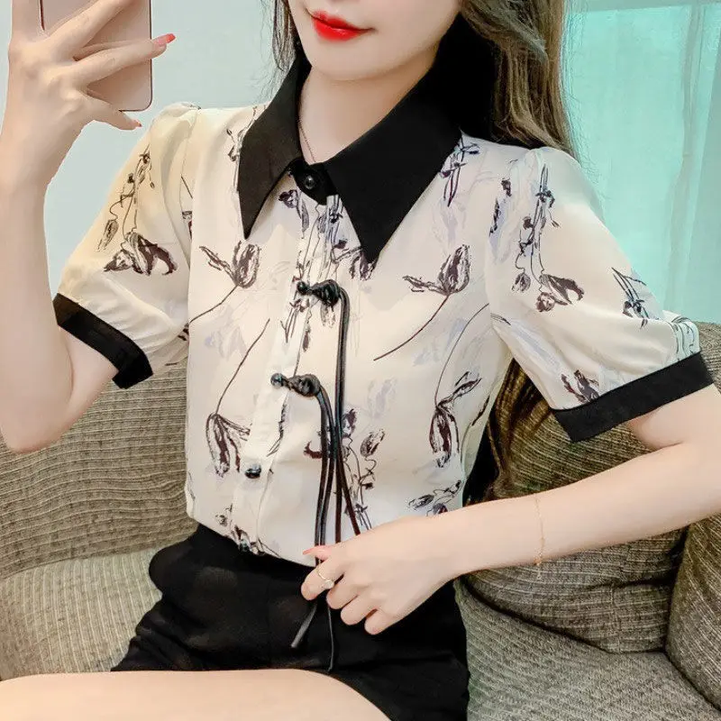 Women Summer Chinese Style Printing Fashion Printing Turn-down Collar Short Sleeve Chiffon Shirts Ladies Casual All-match Tops