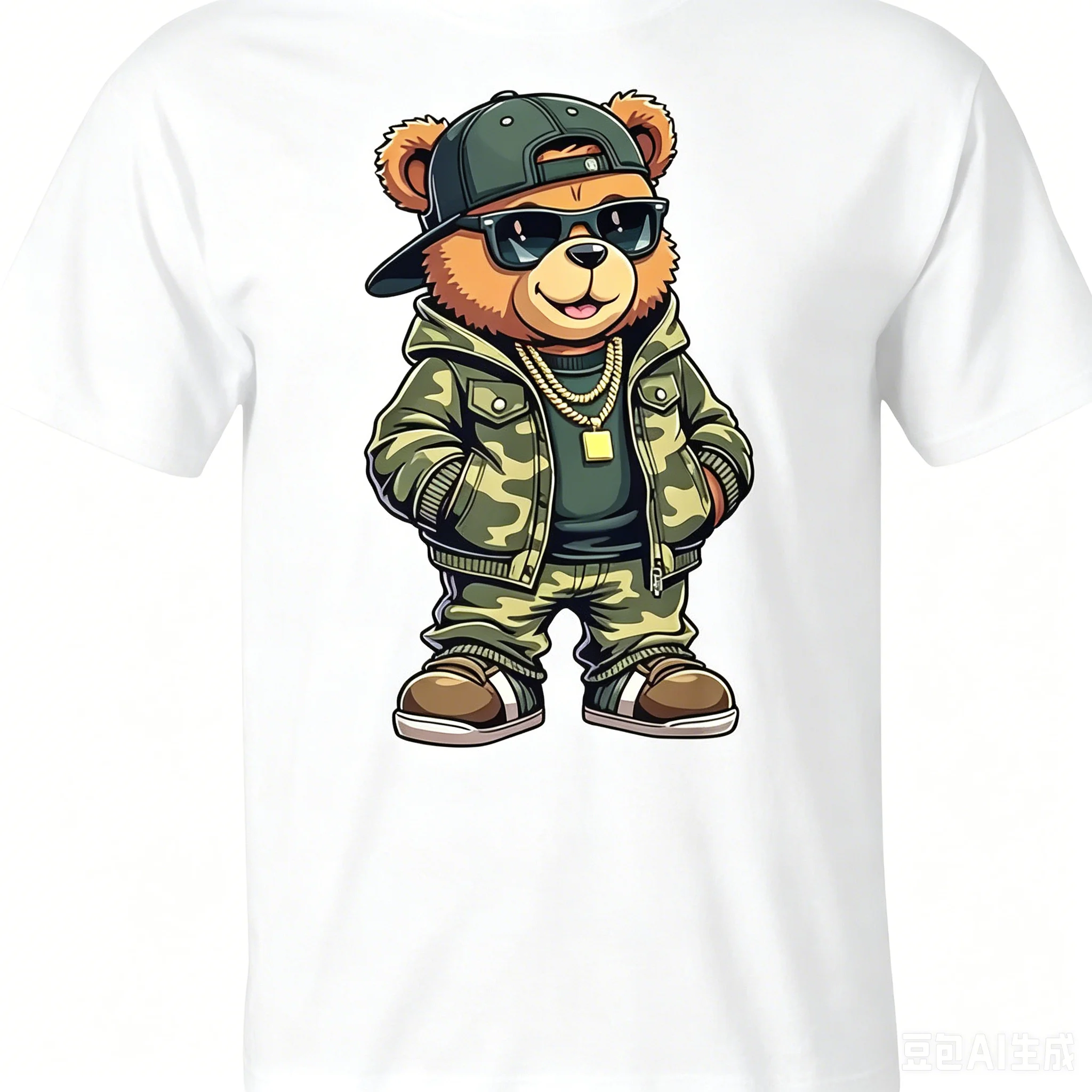 Hip Hop Camo Teddy Bear with Sunglasses and Gold Chain Streetwear Graphic T-Shirt, Black Cotton Crew Neck Urban Swag Tee