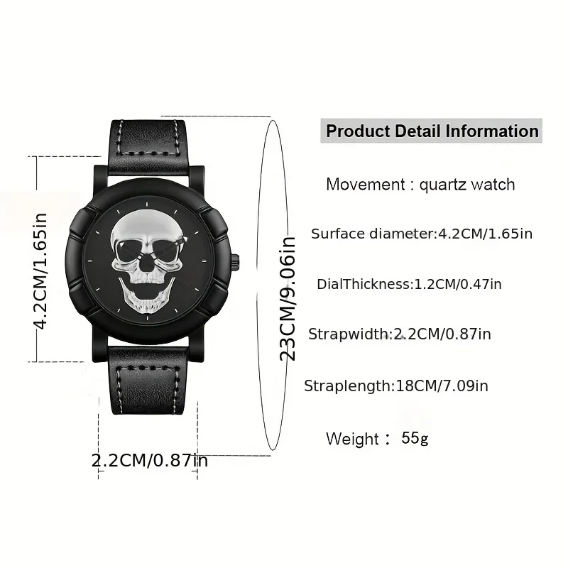 Skull Pattern Multi Display Pointer Round Quartz Watch With PU Leather Strap For Men