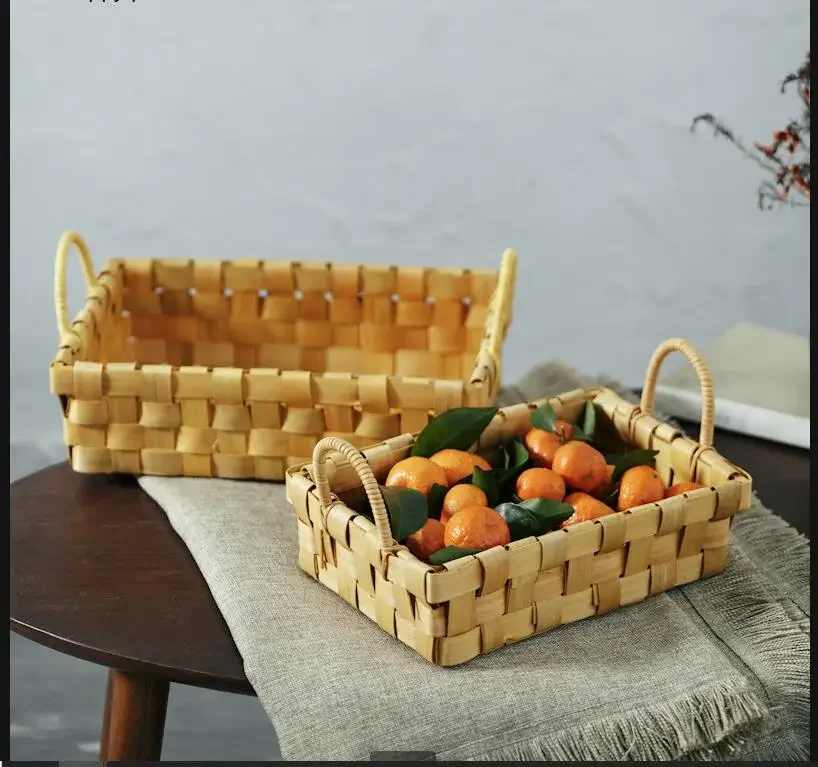 

Wooden Woven Storage Basket Rectangular Fruit Basket Snack Bread Basket Sundries Storage Tray Storage Organizer Photo Props