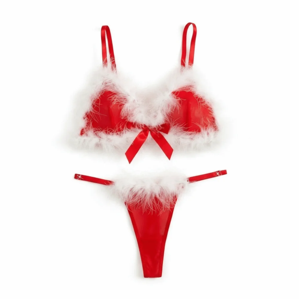 Furry Women's Underwear Mesh Transparent Wireless Lingerie Set Bow Decor Romantic Intimate Bra Panties Suit Valentine's Day