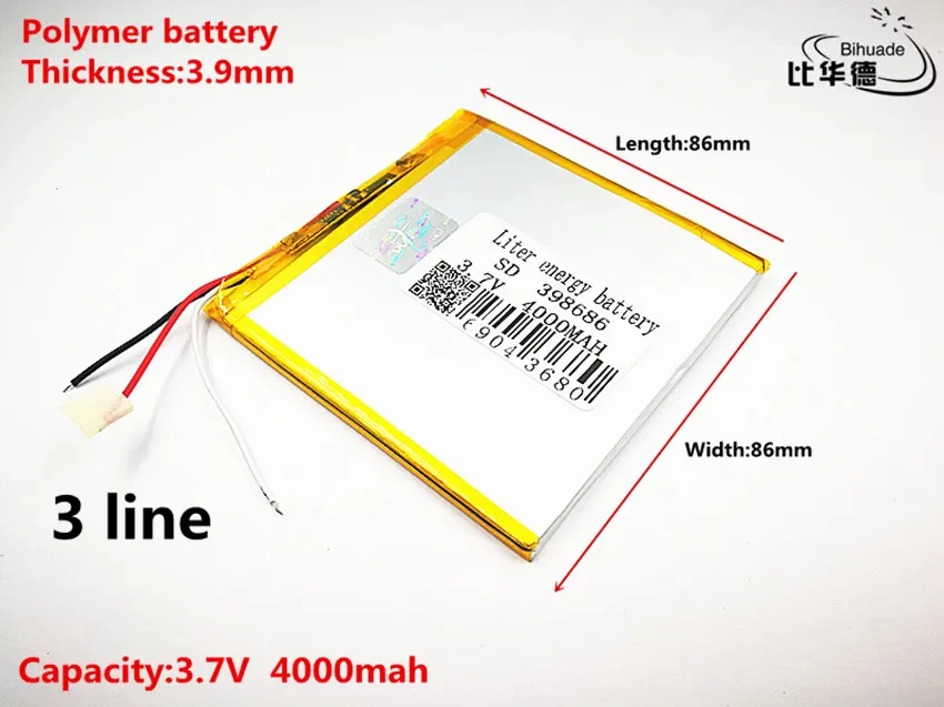 3 line Liter energy battery Good Qulity 3.7V,4000mAH 398686 Polymer lithium ion / Li-ion battery for tablet pc BANK,GPS,mp3,mp4