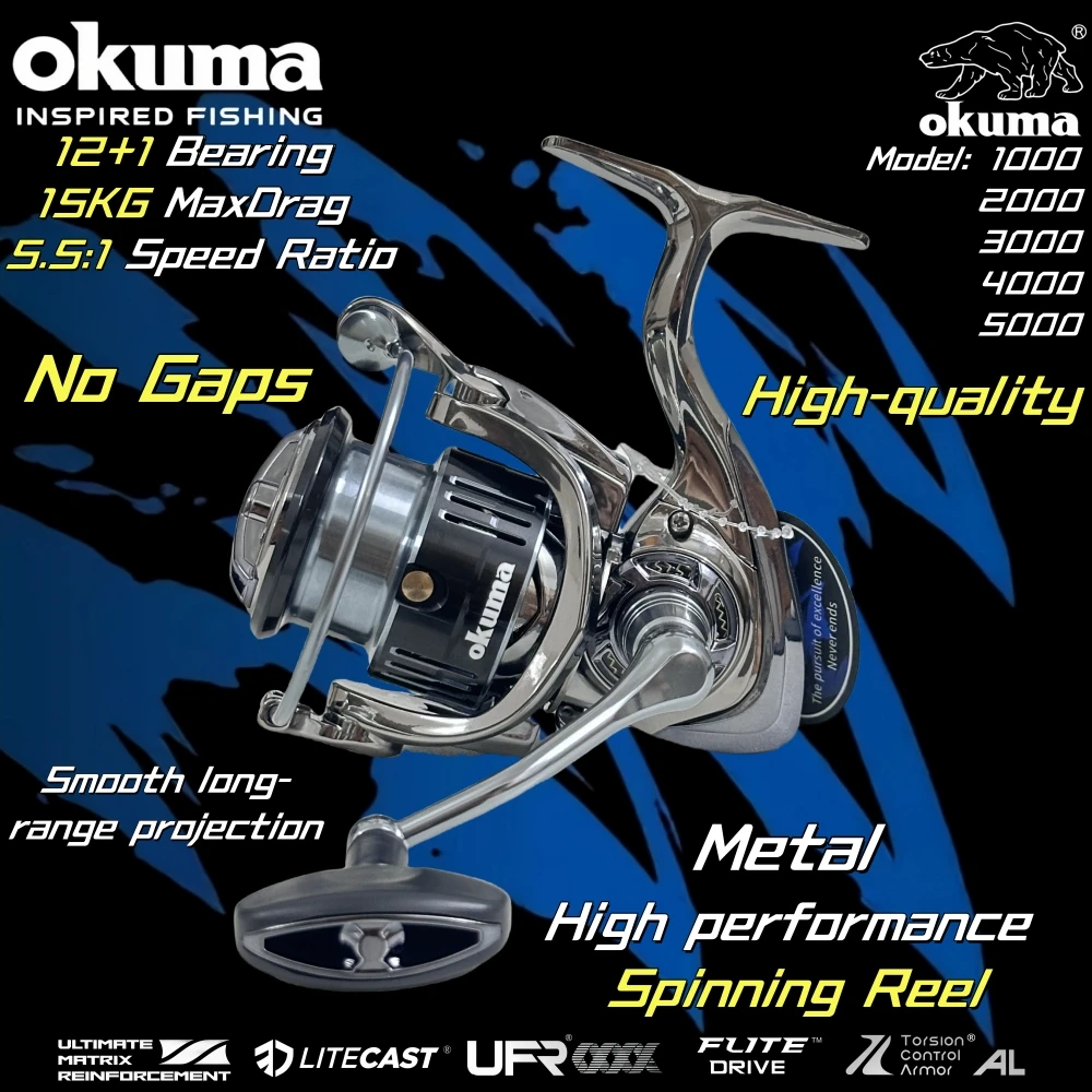 OKUMA Spinning Reel Metal Performance Fishing Reel,15KG MaxDrag,12+1Bearing, 5.5:1Gear Ratio SW1000-7000Series,Gift fishing line