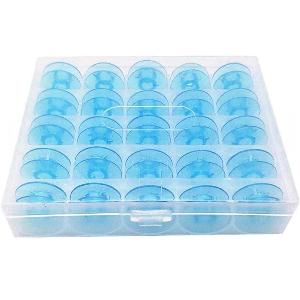 25pcs Blue Plastic Bobbins Sewing Machine Spools in Bobbin Box Case Storage for Pfaff Sewing Machines 1069 6250 6270 #9033P