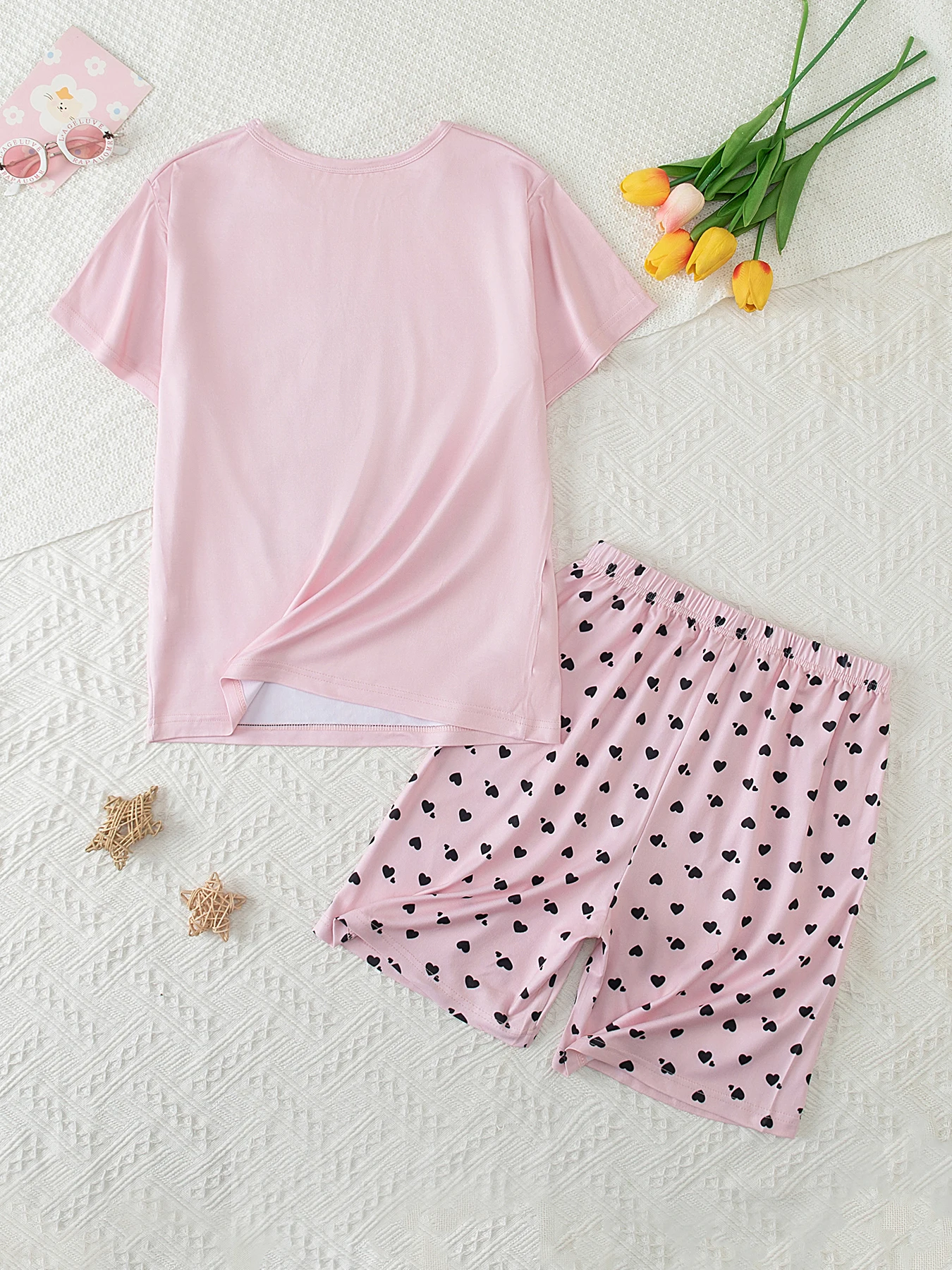2-teiliges Set aus süßen und niedlichen Kurzarm-Shorts für Teenager-Mädchen, lässiges und vielseitiges Schlafanzug-Set für Mädchen in der Mittelstufe – Detail 4