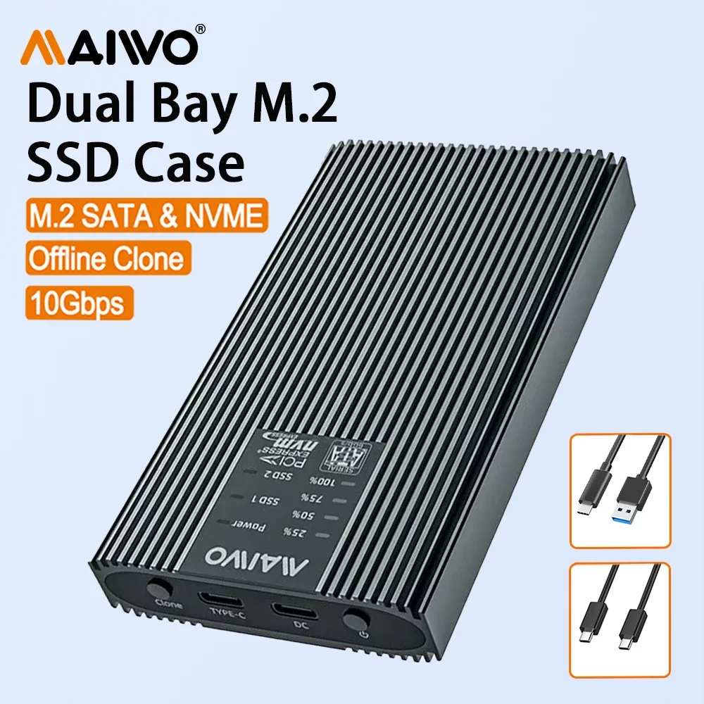 MAIWO 10Gbps M.2 NVMe SATA Cloner Dual Bay M2 SATA NVME SSD Enclosure Offline Clone Supports M and B&M Keys Aluminum Shell