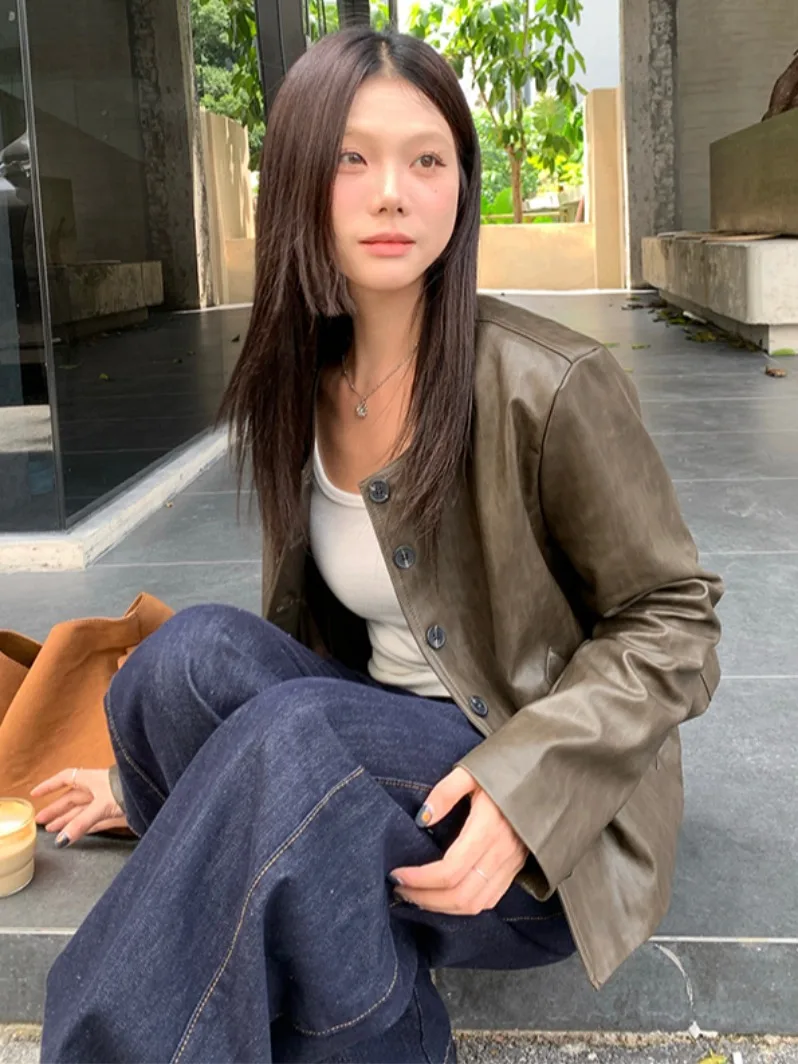 American Retro Single Button PU Leather Jaet Women Early Autumn New Sle Haome Loose Top Faionable Long Sve Coat