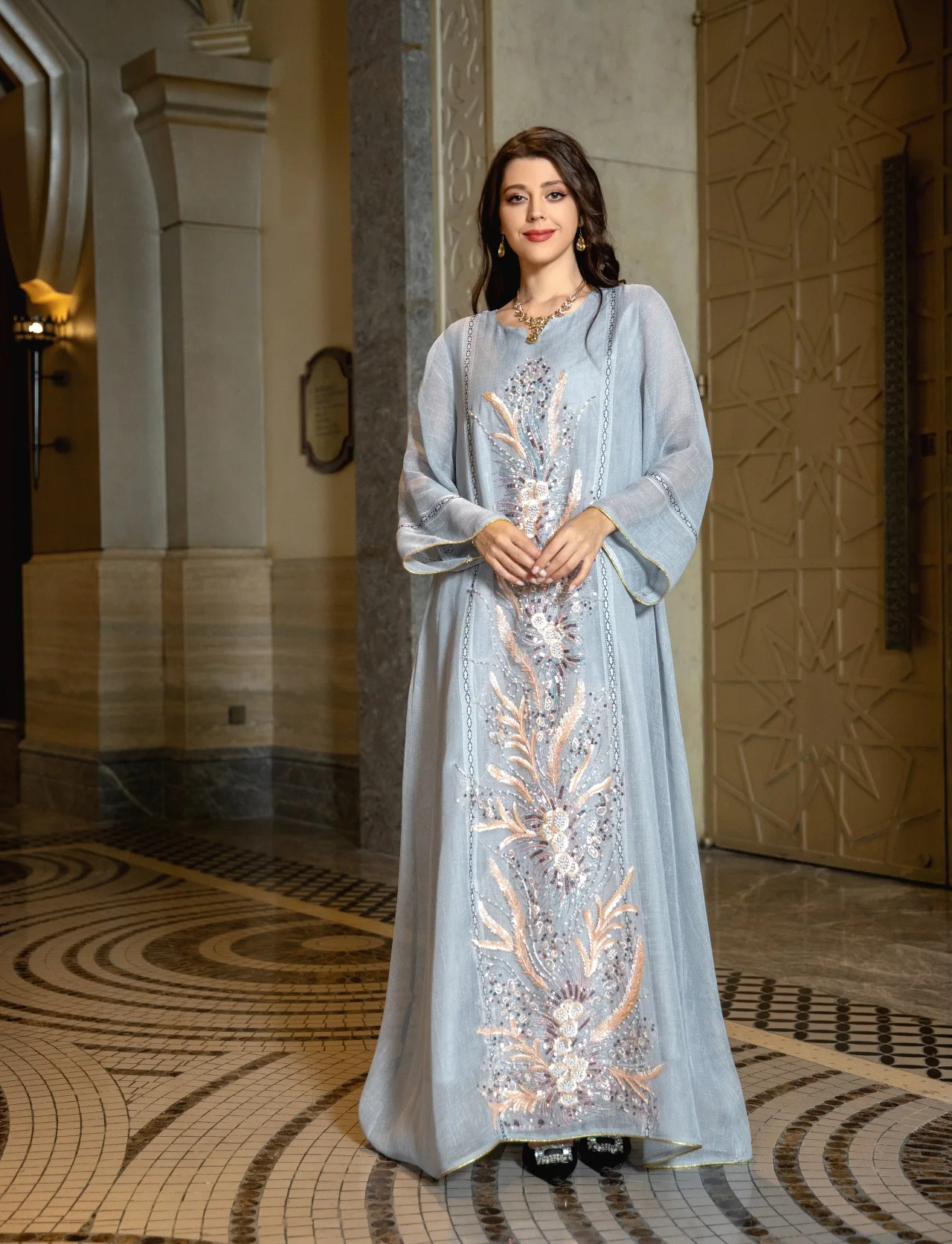 Vestido largo con bordado Floral y lentejuelas para mujer, ropa elegante e informal con cuentas, caftán Eid Mubarak, Dubai, Abaya, Turquía, musulmán, graduación