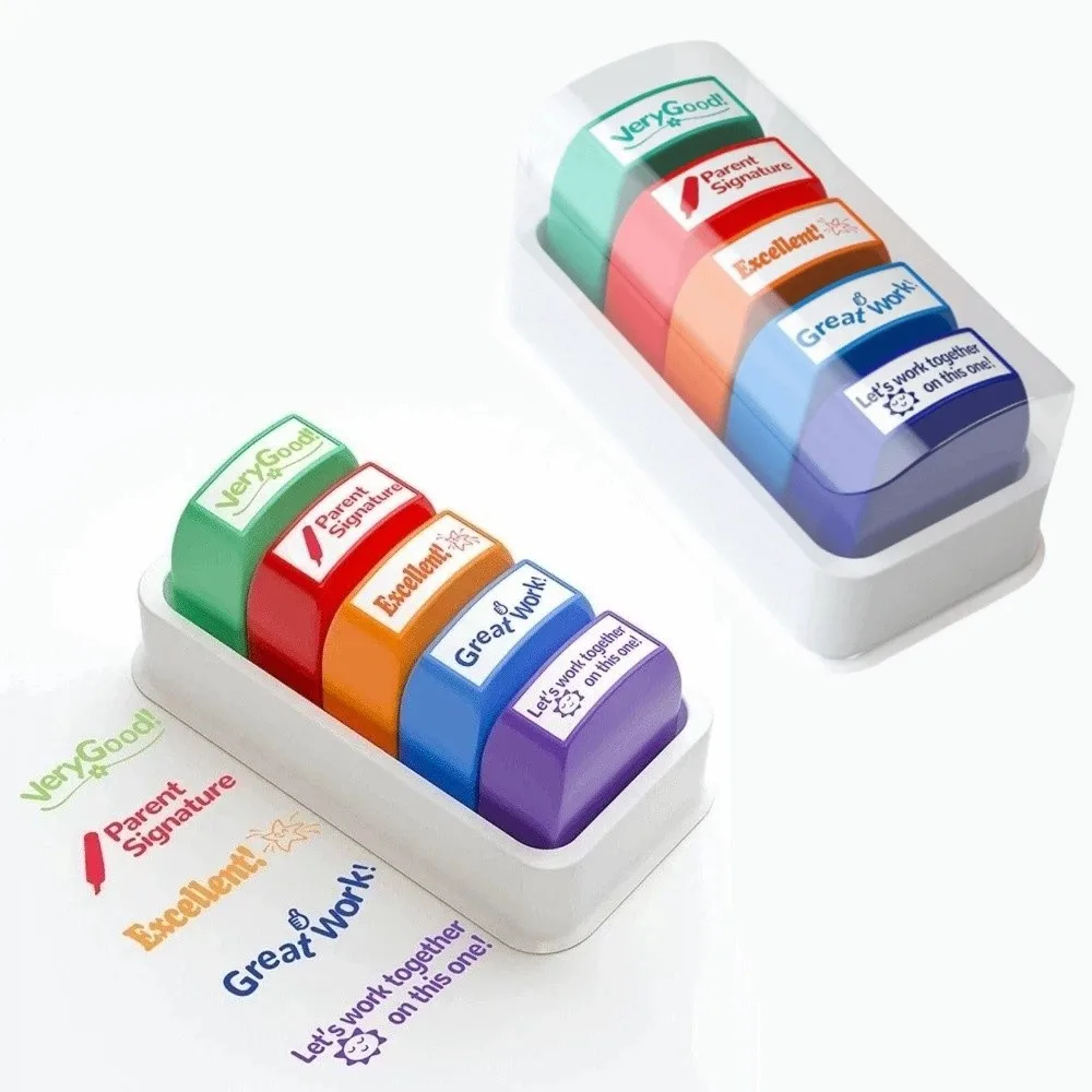 5/8Pcs Creative Teacher's Review Seal Colorful Educational Auto-Refilling Stamp Automatic Inking Transaction