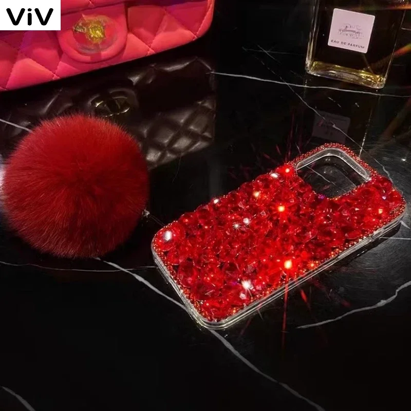 Luxury Gemstone Bling Rhinestone Fur Hairball Phone Case For Samsung GalaxyS24 S10 S20 Plus S21 FE S22 23Ultra Note20 10 Cover