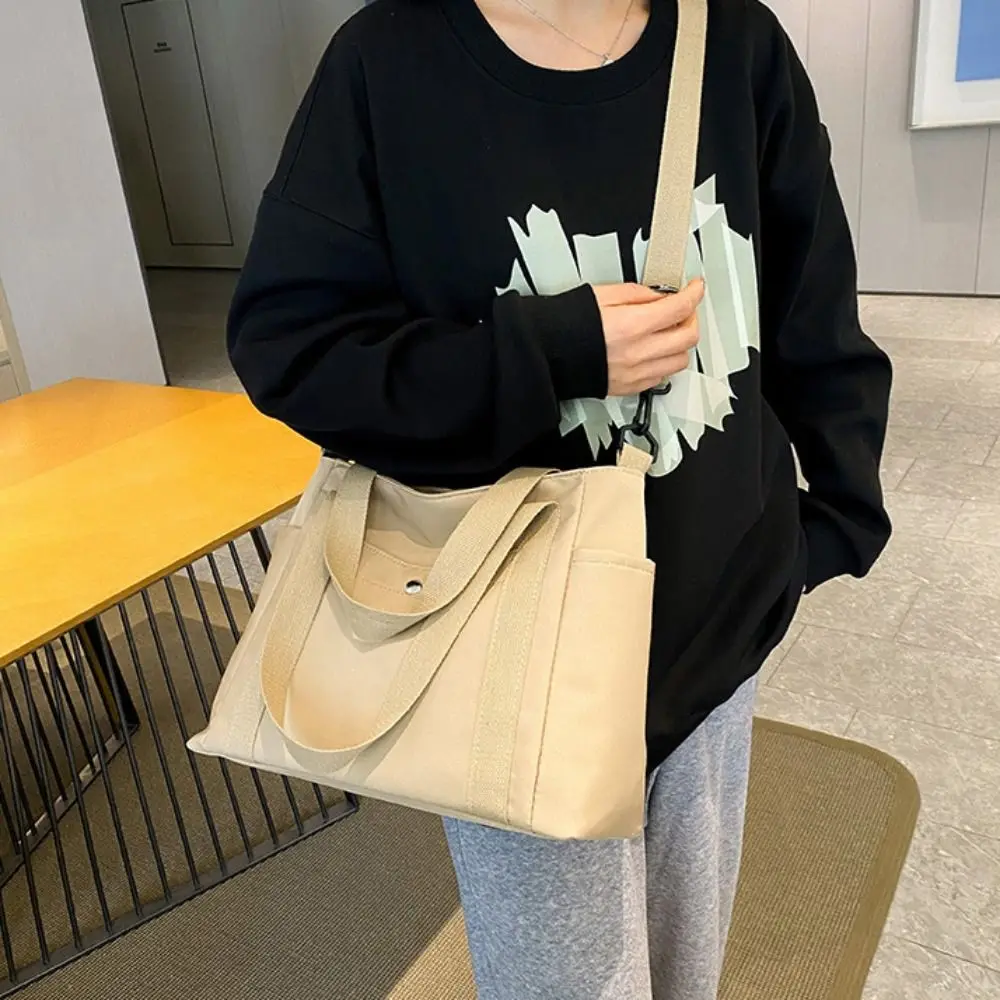 Versatile Solid Color Multi Pocket Tote Bag Simple Large Capacity Nylon Crossbody Bag Lightweight Canvas Tote Bag Shopping