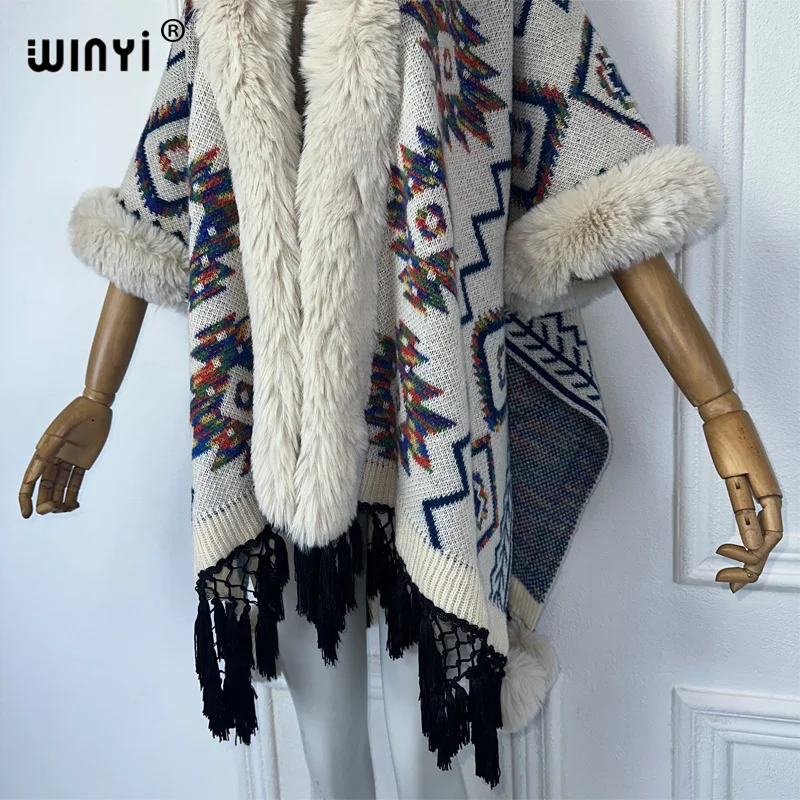 WINYI Winter Afrikanische Strickjacke Druck Abaya Dubai Luxus Outfits für Frauen Fransen Mantel Vorne Offen Kimono Poncho Frauen Winter