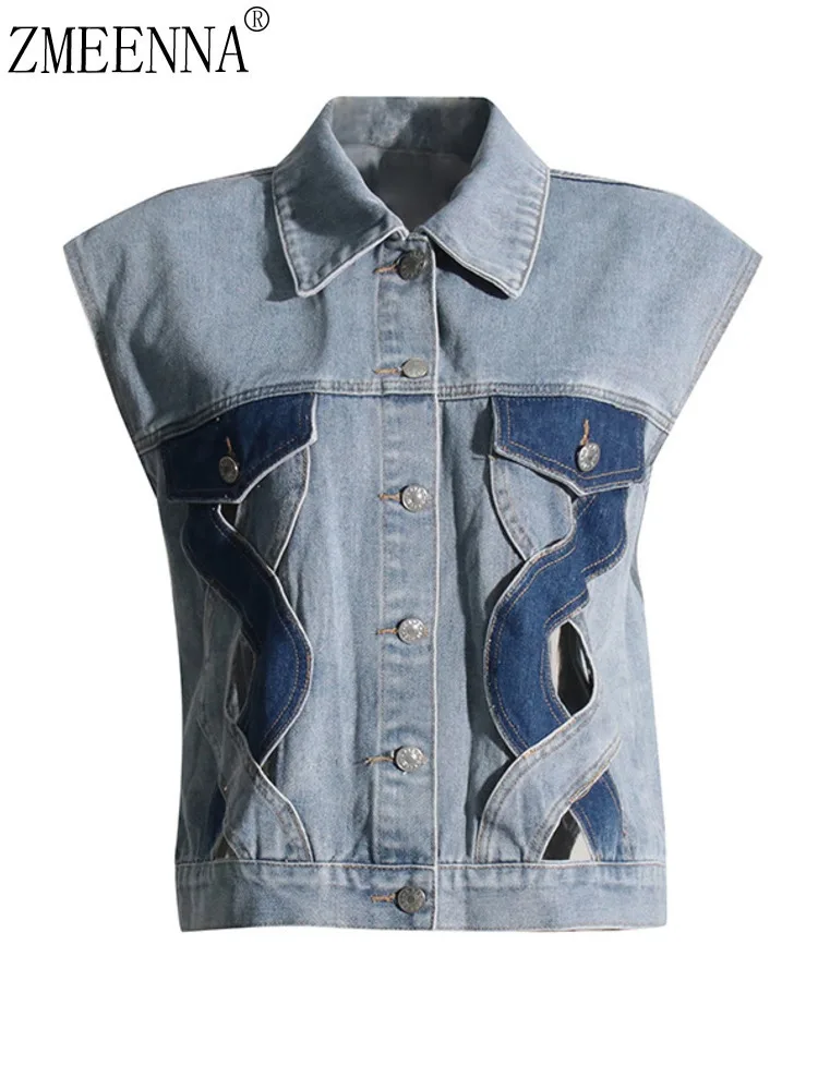 

ZMEENNA однобортные джинсовые пальто без рукавов с лацканами и лацканами для женщин, весенняя мода 2024, новые женские топы ZM614