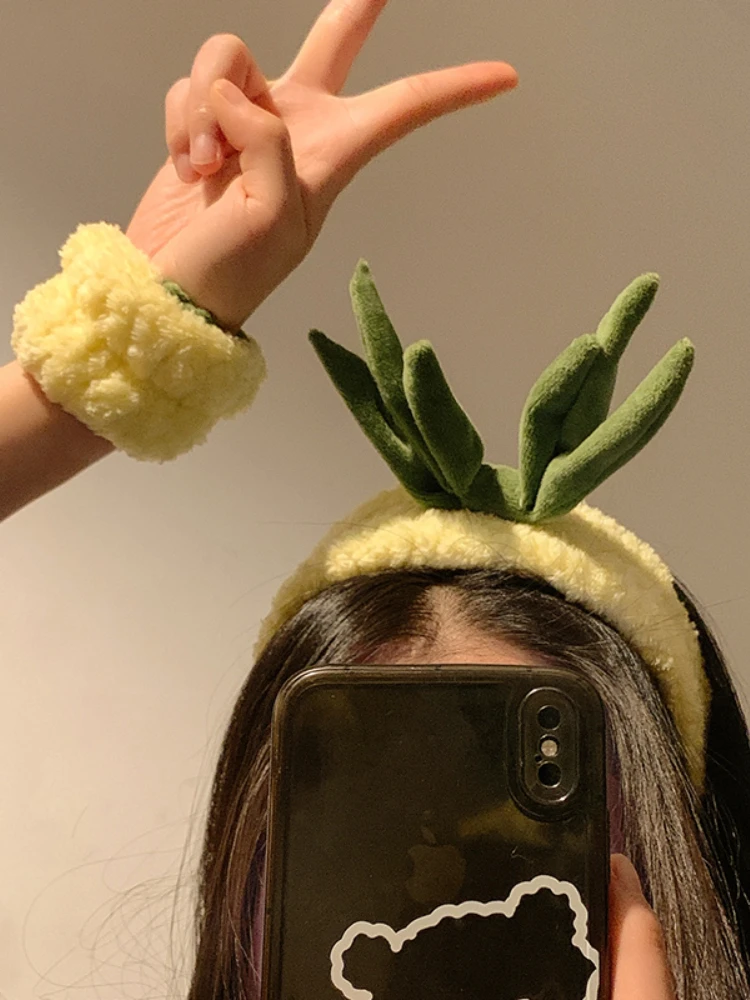 Keep Dry Water Wrist Strap Hair Accessories Soft Elastic Hair Band Yellow Pineapple Plush Headband Handmade DIY Thick Head Wrap
