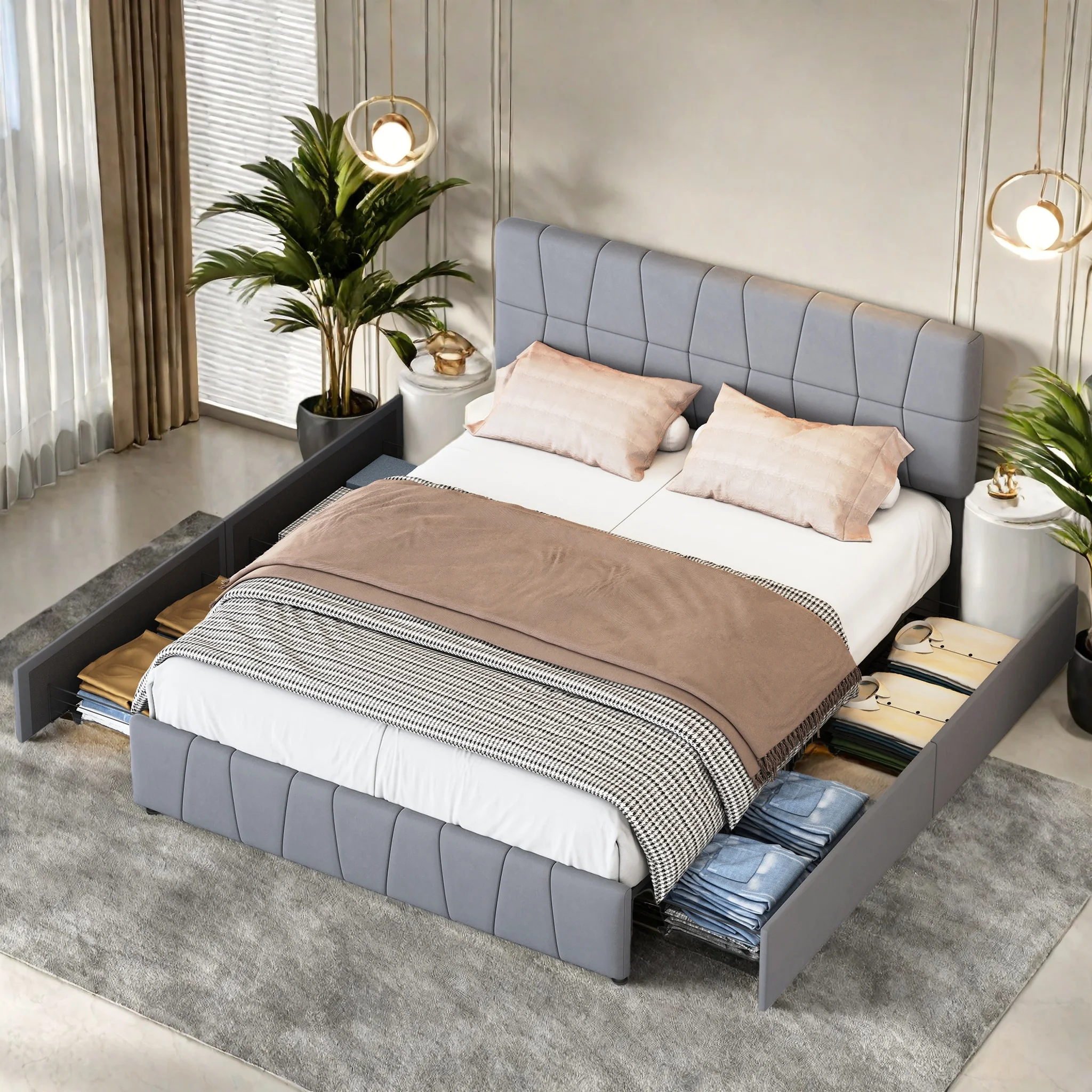 Cama tapizada Comanlai de 160 x 200 cm con somier de láminas y 4 cajones, terciopelo, respaldo con diseño de líneas irregulares, cama con almacenamiento, gris